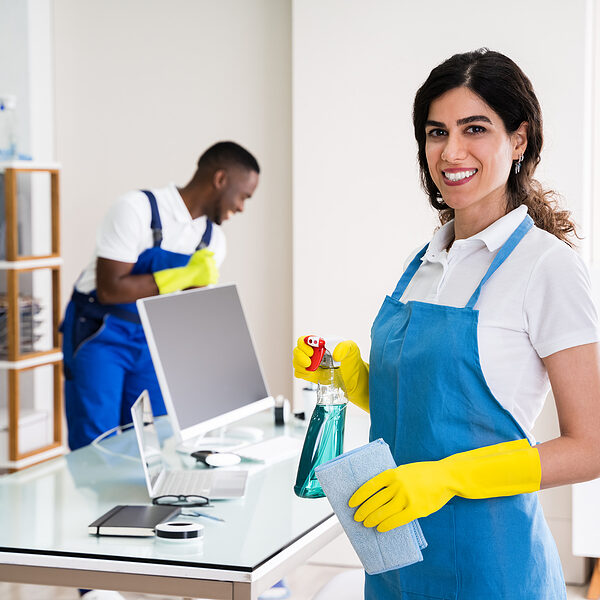 Portrait Of A Happy Female Janitor With Cleaning Equipment In Office