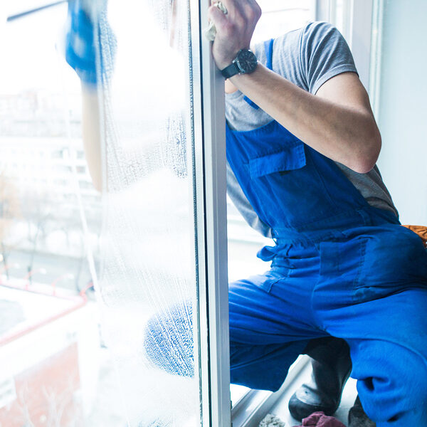 Close-up of a man in uniform and blue gloves washes a windows with window scraper. Professional home cleaning service